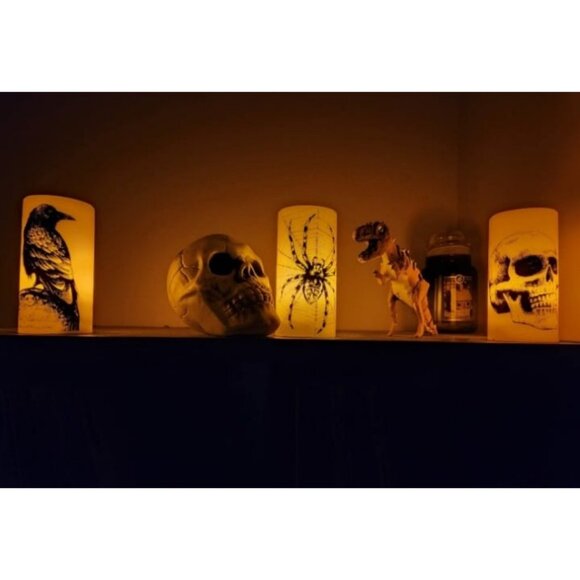 3pc Halloween Flickering Candles with Skull, Spider Web, Crow Raven Decals - Picture 2 of 2